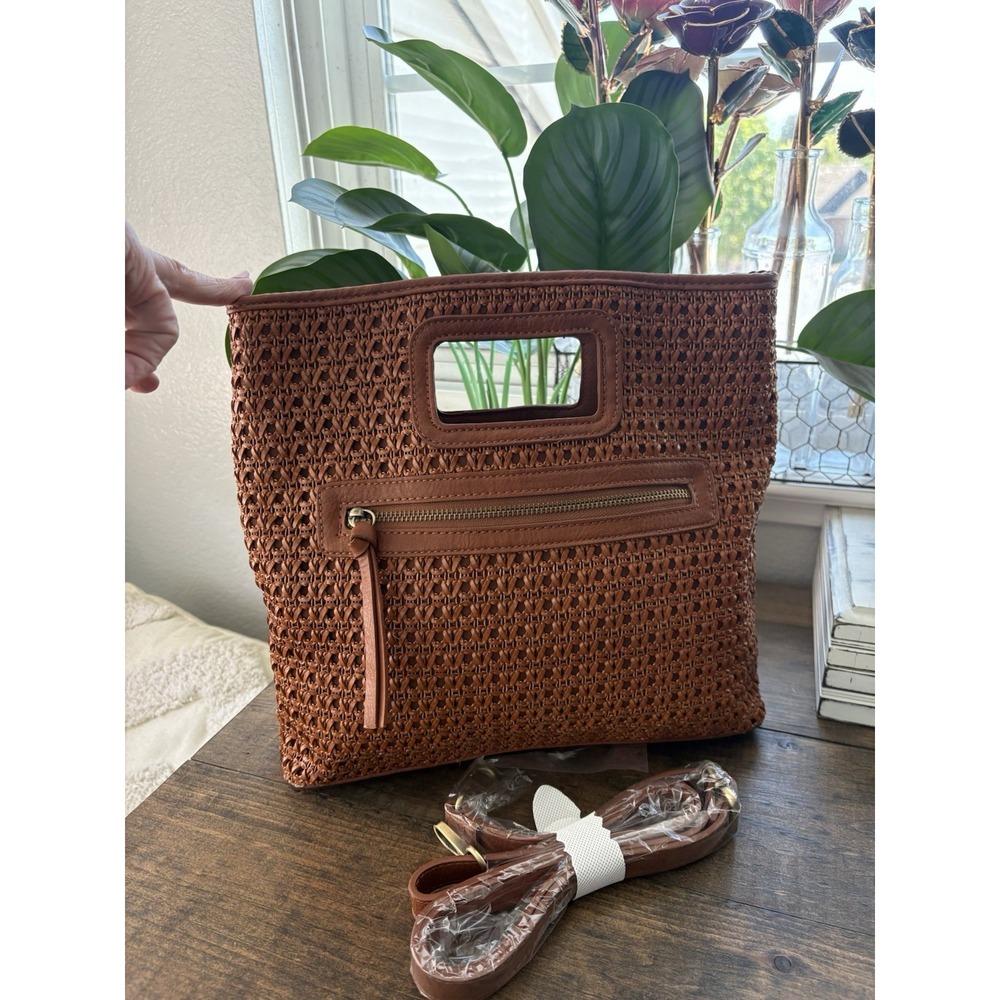 Joy Susan Cane Cut Out Brown Tan 2 Way Clutch Crossbody Bag Summer Market